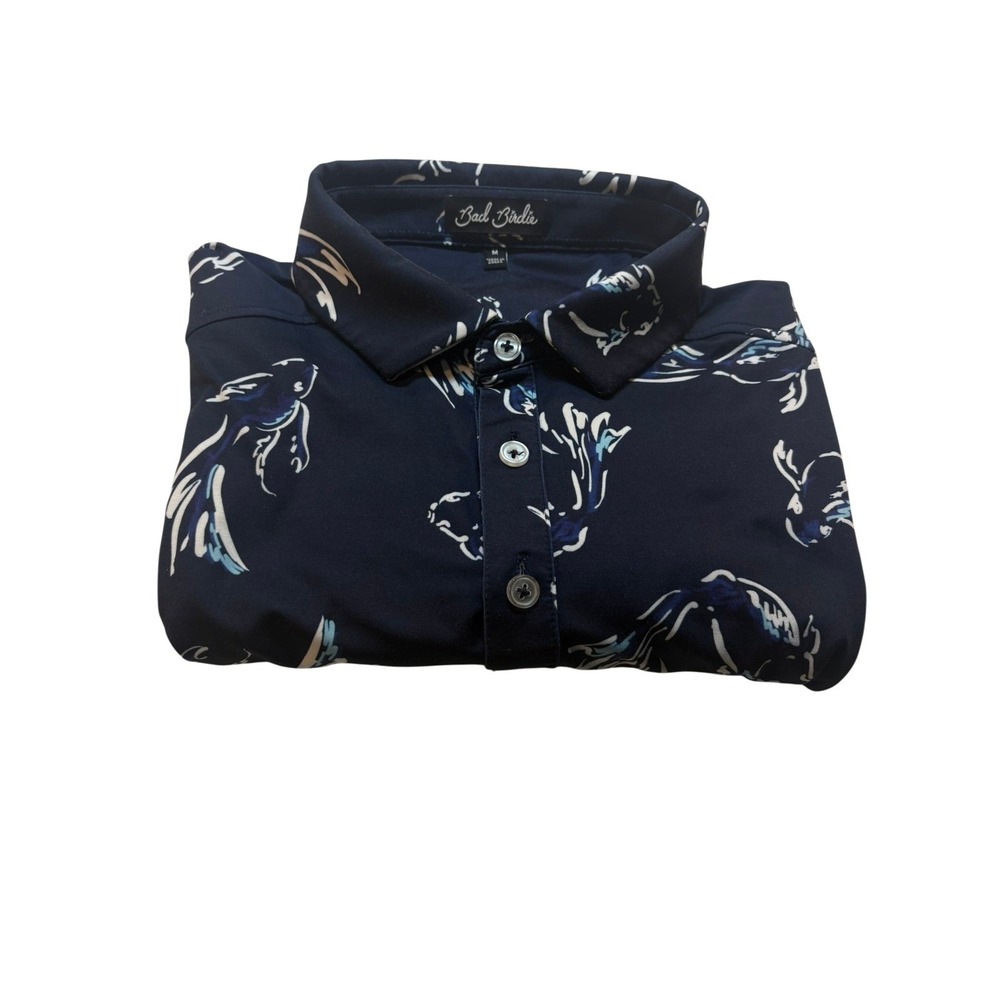 Bad Birdie Polo Shirt Medium Navy Blue Koi Fish Print Performance Golf Mens - Picture 8 of 8